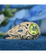 Natural Peridot and Diamond Vintage Style Floral Filigree Ring in Solid 14K Gold - £720.46 GBP
