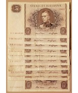 Svezia Lotto di 10 Banconote 5 Kronor da 1960 - 1967 VF - XF Nessun Reserve - $1,060.58 MXN