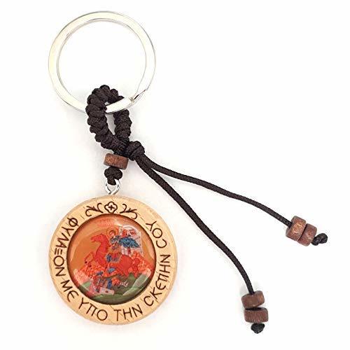 Christian Orthodox Greek Religious Keyring Keychain with Wood Icon of Saint Dimi