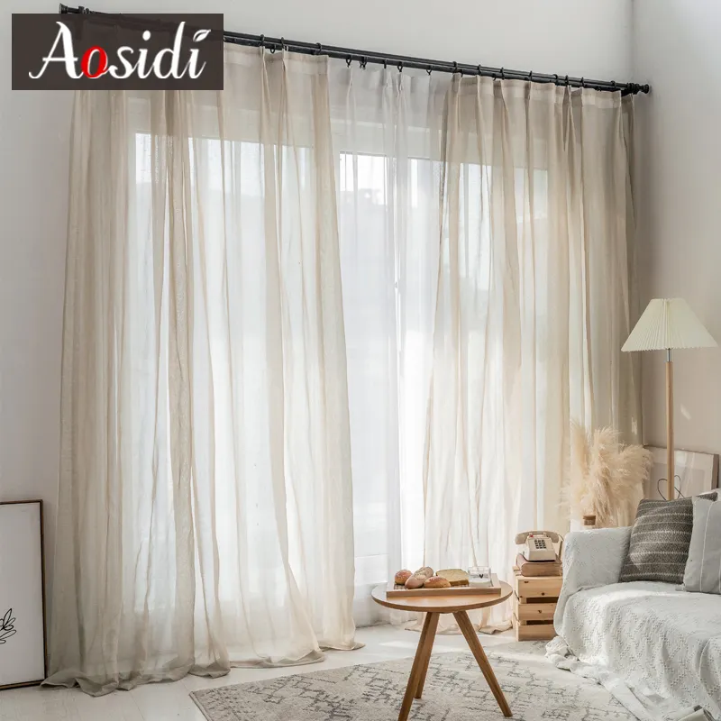 Beige linen tulle curtains for living room Modern flax sheer curtains for bedroo - £96.54 GBP