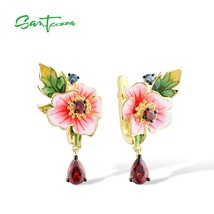 Terling silver drop earrings for women sparkling garnet cz delicate flower enamel party thumb200