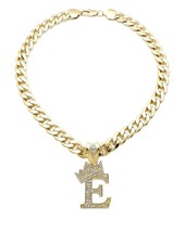 King &amp; Queen Initial Letter E Crystals Pendant Gold-tone Cuban Chain Necklace - £19.97 GBP