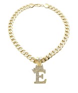 King &amp; Queen Initial Letter E Crystals Pendant Gold-tone Cuban Chain Nec... - $34.28 CAD