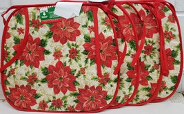 SET OF 4 THIN CUSHION CHAIR PADS,14&quot;x15&quot;, CHRISTMAS POINSETTIA FLOWERS #... - £17.12 GBP