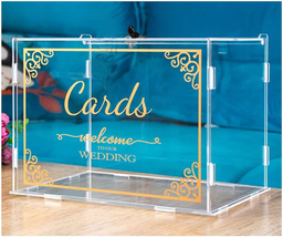 Mwater Wedding Card Box with Lock（Acrylic 11×8×8 In），Foldable，Gold Pattern - £27.42 GBP