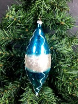 1 German glass Christmas Ornament mica glitter handpainted blue silver - $22.21