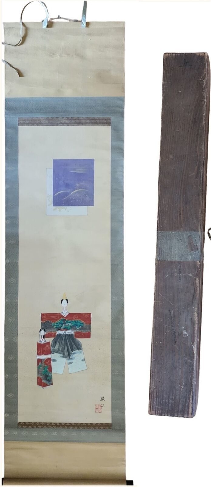 Primary image for vintage JAPANESE SCROLL fabric PAINTING w WOOD BOX 79x20