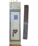vintage JAPANESE SCROLL fabric PAINTING w WOOD BOX 79x20 - £70.36 GBP