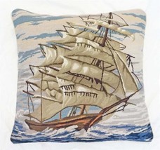 Pillow Throw Tall Ship 18x18 Sky Blue Cotton Velvet Needlepoint Canvas Wool - £216.35 GBP