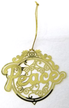 Cursive Peace Banner Christmas Ornament Brass Cut Gold Color Vintage - £9.83 GBP