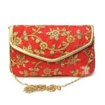 Clutch with Chain Golden Embroidered for Women&#39;s ( Red) - £25.45 GBP