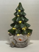 Vintage Large Porcelain Light Up Snowman Holding Christmas Tree 16&quot; - £15.88 GBP