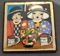 Ceramic Brooch Handmade Artist Signed Laura Mostaghel Two Friends with Coffee - £19.95 GBP