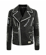 Men PHILIPP PLEIN Leather Coat Black Color Studded Embroidery Patches Ja... - £215.92 GBP