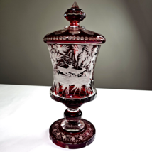 Antique Large Bohemian Ruby Stained Cut to Clear Stag Hunting Scene Urn ... - £786.35 GBP