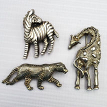 Lot of 3 Vintage Brooch Pins Safari Animals Giraffe Zebra Leopard silver... - $29.81 CAD