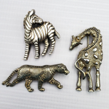 Lot of 3 Vintage Brooch Pins Safari Animals Giraffe Zebra Leopard silver... - £17.25 GBP