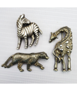 Lot of 3 Vintage Brooch Pins Safari Animals Giraffe Zebra Leopard silver... - $29.85 CAD
