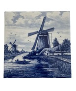 Vintage Hand Painted Blue Windmill Holland Landscape 6 x 6 in - £27.75 GBP
