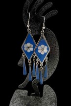 Vintage Mexico Alpaca Mother Of Pearl Blue Enamel Inlay Flower Dangle Earrings - £20.92 GBP