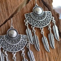 Drop earrings, long Boho earrings, feather earrings, silver tribal earrings E332 - £12.02 GBP