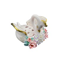 Vintage Lefton Pink Porcelain Swan Flower Frog With Applied Flower Gold ... - $39.54