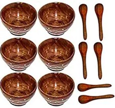 Handmade Wooden Classic Serving Bowl With Spoon Set Of 6 Pcs Brown - £23.16 GBP