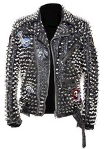 Men Silver Studded Leather JACKET Custom Patches Long Spike Brando Belted Zipper - £246.41 GBP