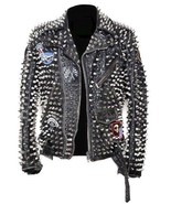 Men Silver Studded Leather JACKET Custom Patches Long Spike Brando Belte... - £247.74 GBP