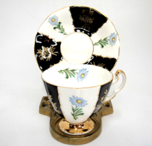 Adderley Bone China Tea Cup and Saucer Black White Blue Flower Gilded Footed - £8.13 GBP