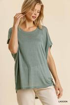Lagoon Green Short Sheer Dolman Sleeve Scoop Neck Loose Fit Top With Side Slit - £15.13 GBP
