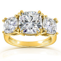 5ct Cushion-cut Moissanite Three-Stone Engagement Ring In 14K Yellow Gold - £1,792.94 GBP