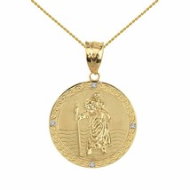 10k Yellow Gold St Christopher Circle Medallion 4 Diamond 1&quot; Pendant Necklace - £140.71 GBP+