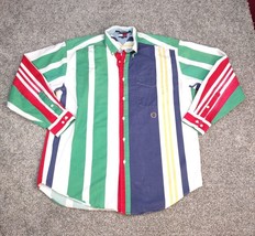 Tommy Hilfiger Shirt Men Medium Green Red Striped Long Sleeve Button 90s Crest - $21.99