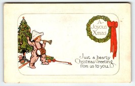 Christmas Postcard Boy Child Blowing Horn Drum X-mas Tree Series 150 Vintage - £7.26 GBP