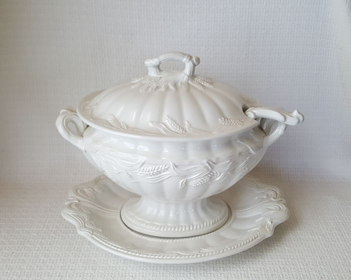 Primary image for Red Cliff White Ironstone Large Wheat Soup Tureen with Ladle & Underplate