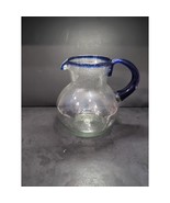 Mexican Hand Blown Glass Pitcher, Cobalt Blue Rim, 160 Oz Bubble Pitcher - $940.83 MXN