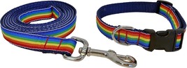 Rainbow Dog Collar And Leash Set - Striped Multi Colored Ribbon On Navy Blue Nyl - £31.89 GBP