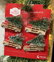 4 Holiday Time SUV Tan &amp; Red Toting Mini Christmas Tree Ornaments 2.25&quot; New - $5.50