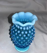 Vintage 1940’s Fenton Art Glass Bright Blue Opalescent Hobnail Mini Vase - £50.99 GBP