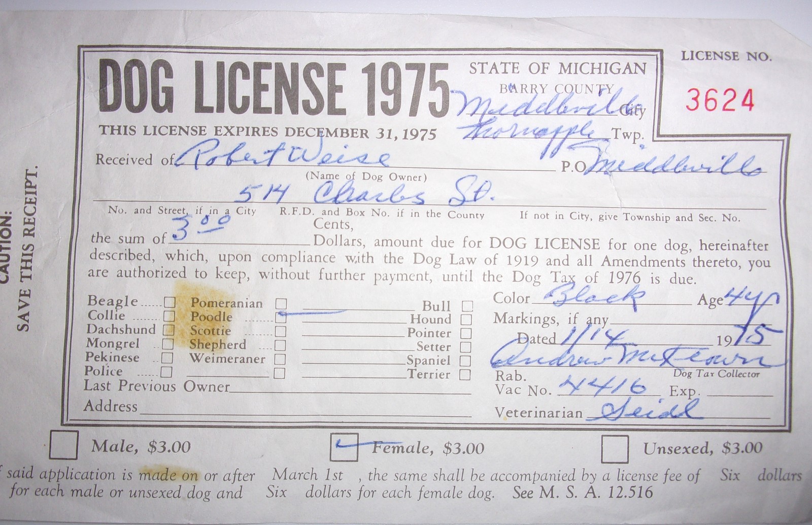 Vintage Dog License 1975 State Of MI Barry County Middleville - $1.99
