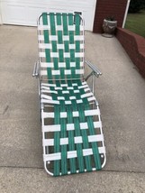 Vintage Green &amp; White Webbed Aluminum Folding Chaise Lounge Lawn Pool Chair EUC - £82.19 GBP