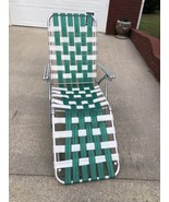 Vintage Green &amp; White Webbed Aluminum Folding Chaise Lounge Lawn Pool Ch... - £81.97 GBP