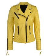 Leather Jacket Women S Yellow M Motorcycle Womens Biker L Coat Moto Vint... - $2,617.55 MXN