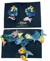 VTG 1990’s Art Jewelry PAPER Hand Made painted Fish &amp; Sea Earrings &amp; Pin Set - $32.46