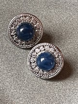 Round Translucent Blue Cabs in Silvertone Frame Post Earrings for Pierced Ears – - £7.58 GBP