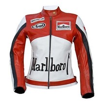 Veste en cuir Marlboro Vintage Racing FEMME Blanc &amp; Rouge XXS à 2XL - £114.82 GBP