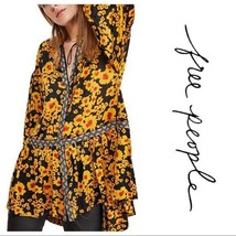 Free People Size Small Tunic Top Love Letter Black Combo Yellow Floral Shirt S - £50.84 GBP