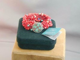 WIDE Coral Bracelet Sterling Stone Inlay Medallion Carolyn Pollack Turquoise NIB - $124.99