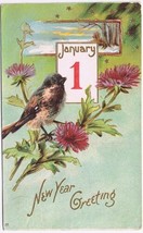 Postcard Embossed New Year Greeting Bird Flowers January 1 Calendar - £2.31 GBP